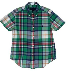 Ralph Lauren Boys Button Down Shirt Size 6 Green Plaid Short Sleeve Logo